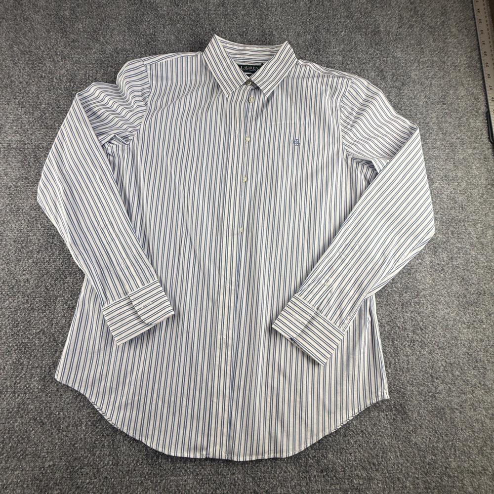 Lauren Ralph Lauren Womens Blue White Striped Stretch Non Iron Button Down Shirt